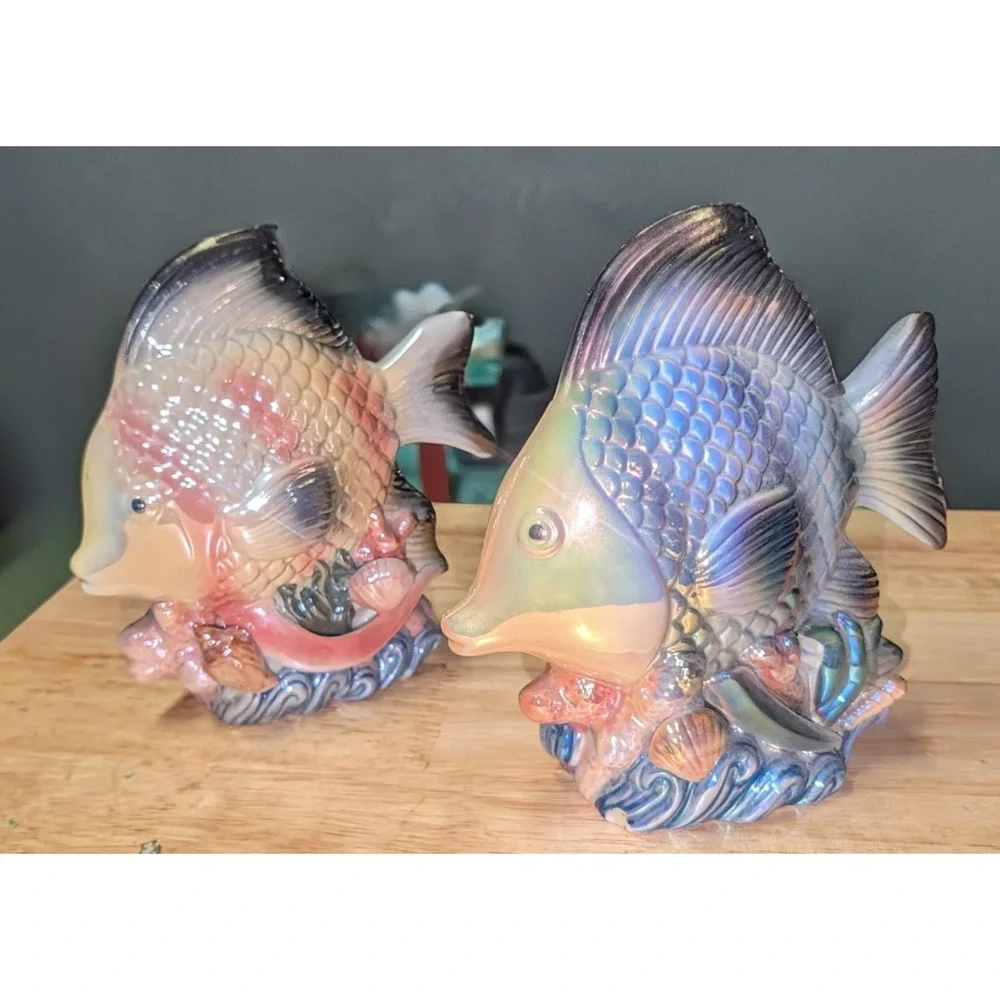 2 VTG Iridescent Pearl Lusterware Porcelain Kitsch Under The Sea Fish Figurines